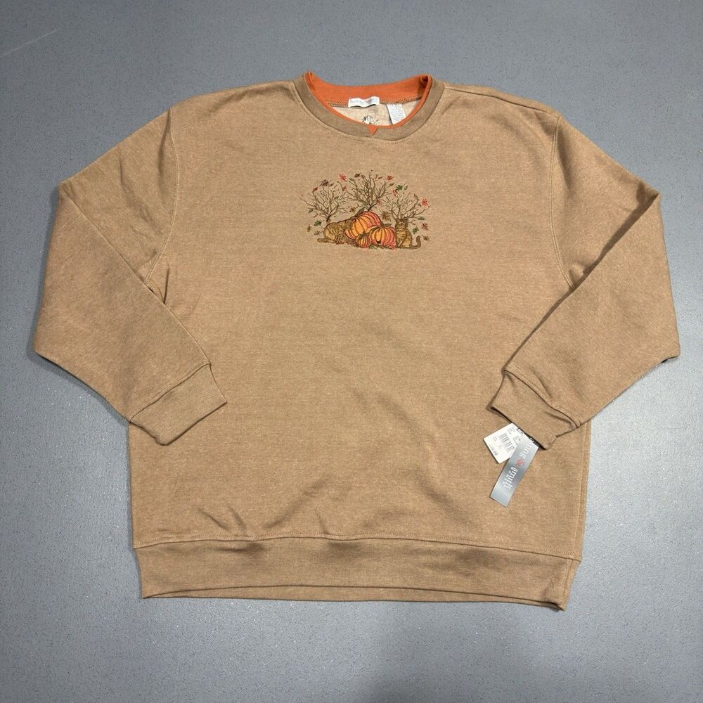 NWT Hastings Smith Fall Sweatshirt Womens 2X Tan Pumpkin Cat Double Collar